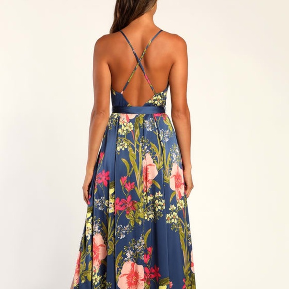 Still the One Blue Floral Print Satin Maxi Dress - Picture 3 of 3